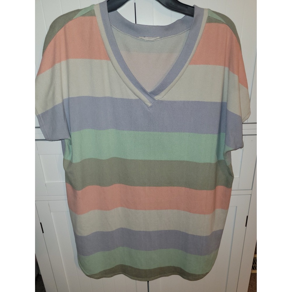 BomBom Pastel Striped V Neck Short Sleeve T Shirt Top xl